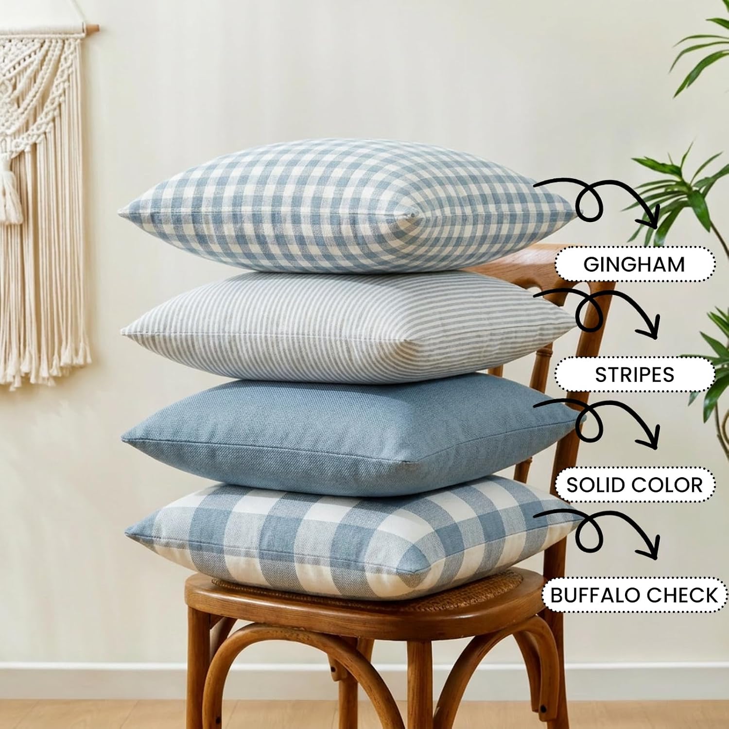 Light Blue Pillow Covers Farmhouse Plaid Throw Pillows Spring / Grey Blue / 18 x 18 / Set of 4
