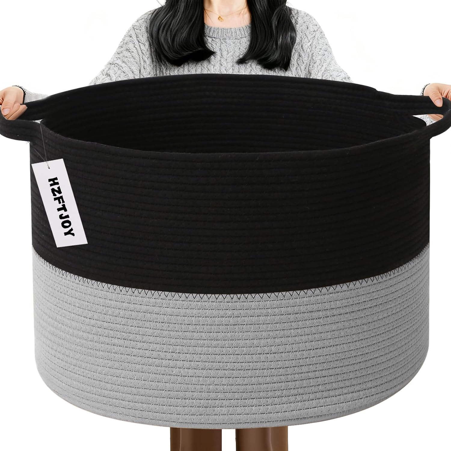65L Large Blanket Basket,Woven Laundry Basket-Black&Light Grey