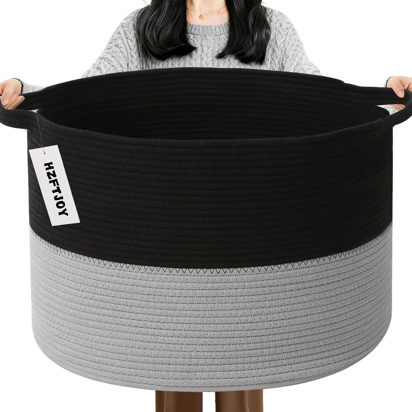 115L Large Blanket Basket,Woven Laundry Basket-Black&Light Grey