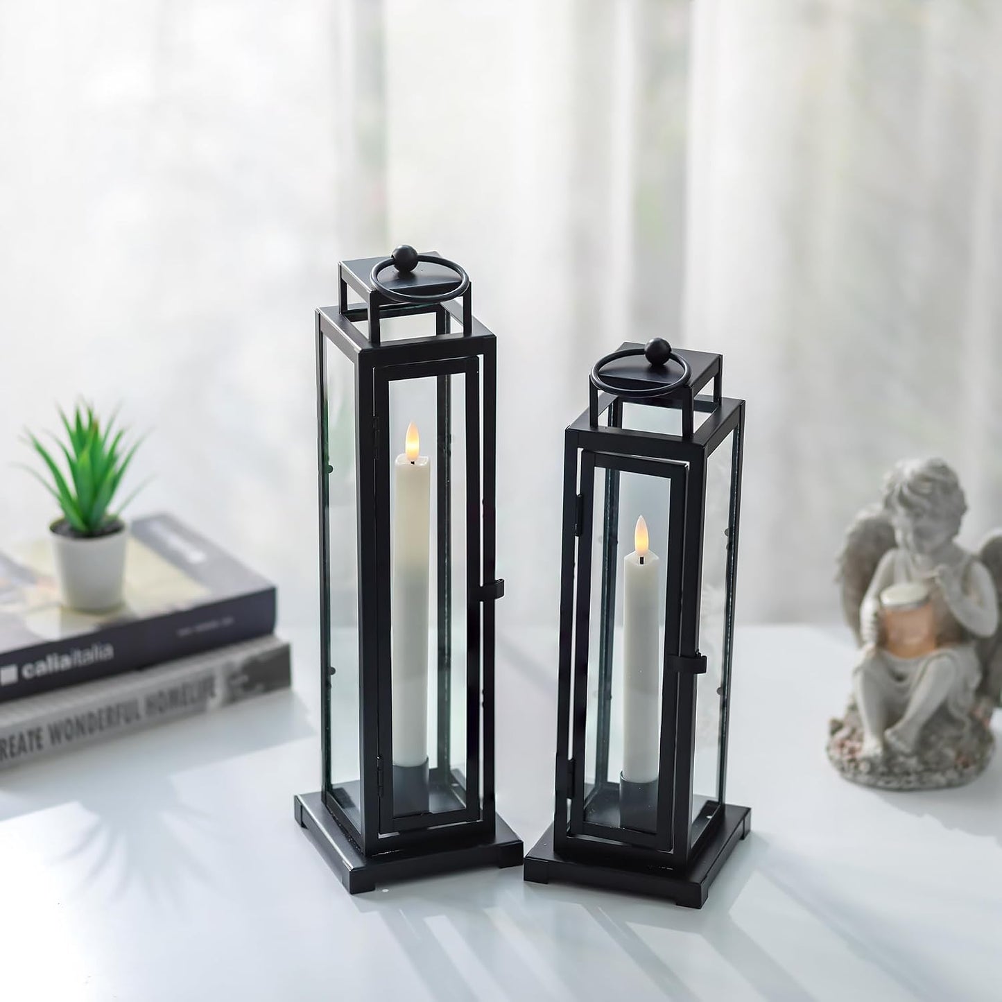 Black Lantern Decorative Indoor, with LED Taper Candles | 15" & 13", with Glass, Waterproof Outdoor Metal Lanterns, Set