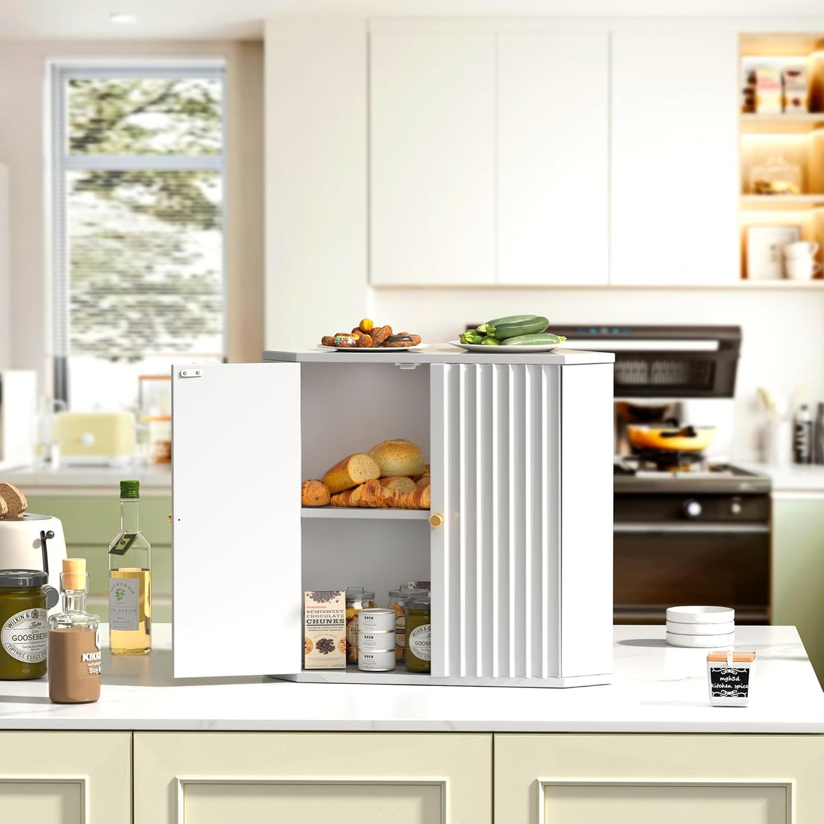 Corner Bread Box for Kitchen Countertop, Large Bread Storage Container, Double Layer Breadbox for Homemade Bread