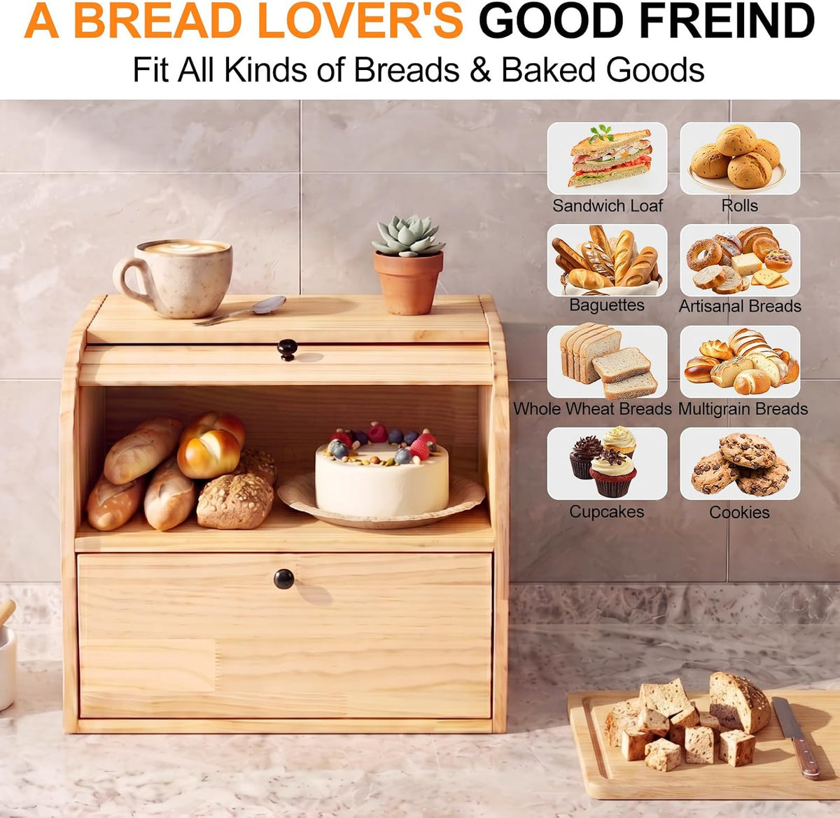 Alpeir Roll Top Bread Box with Cutting Board for Kitchen Countertop | Large Breadbox with Ventilation Holes, Double