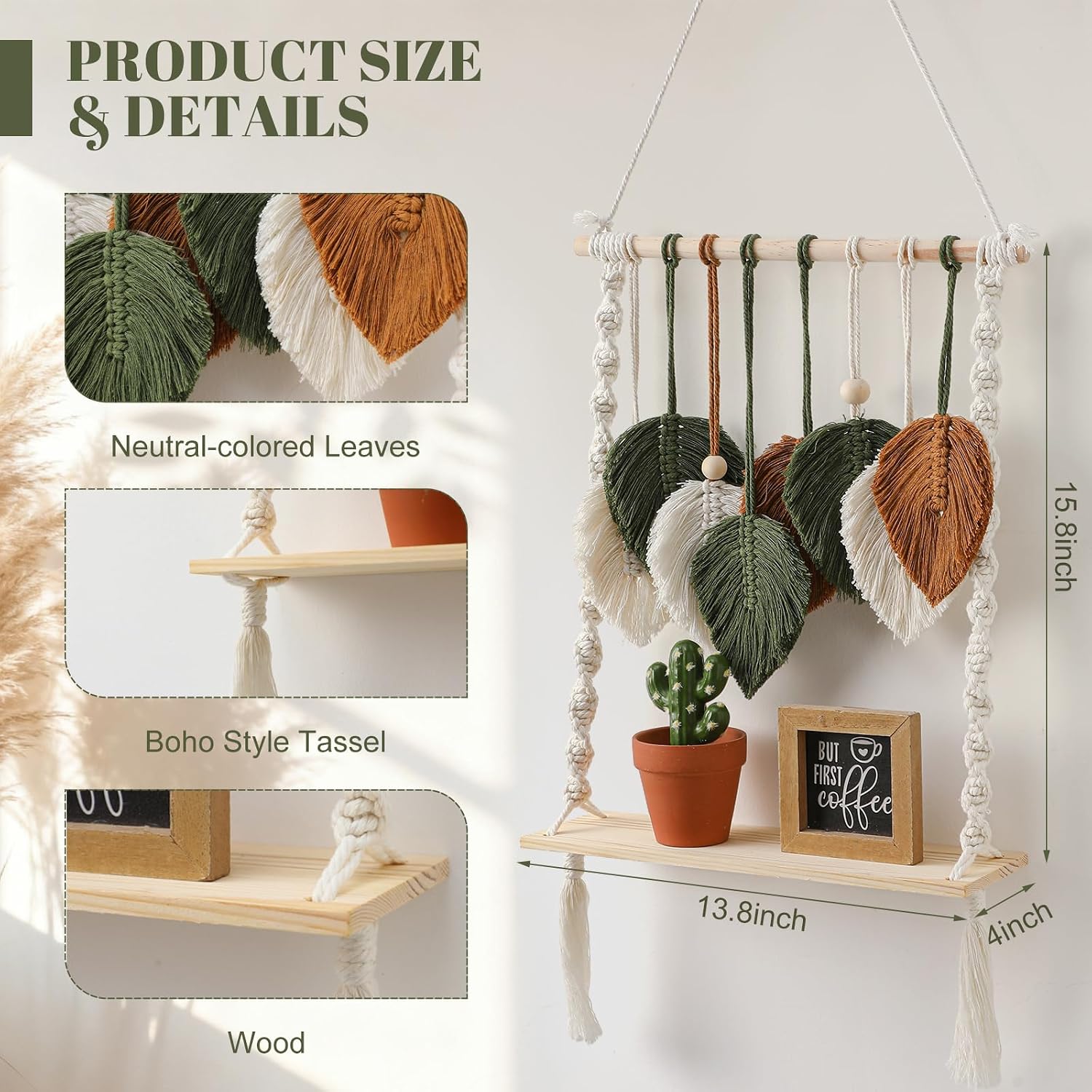 Single Tier Macrame Boho Wall Hanging Shelf Handmade Bohemian Wooden Woven Floating Storage Shelves