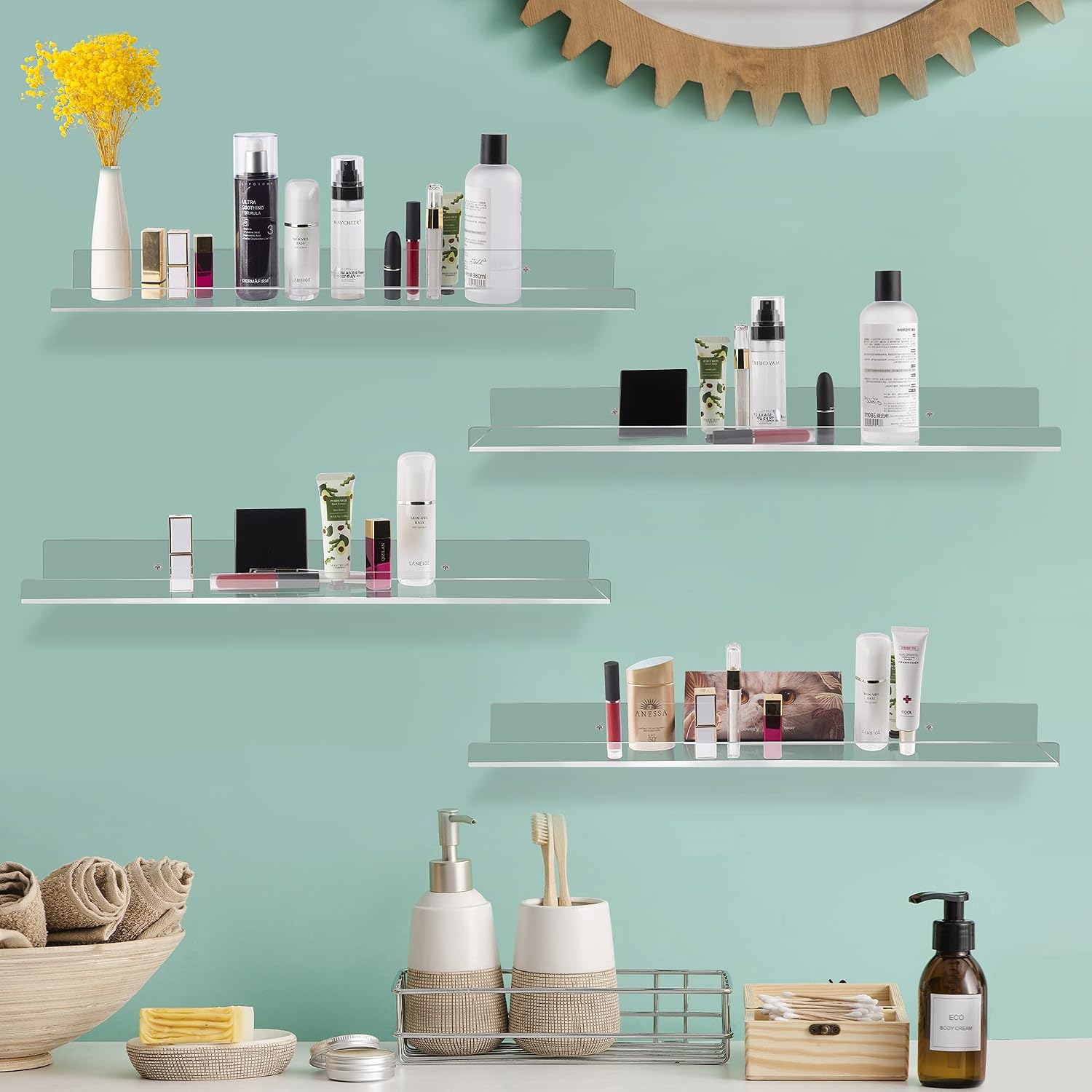 Jansburg 24 Inch Clear Floating Shelves 4 Pack Acrylic Shelves Invisible Floating Wall Ledge Bookshelf 5MM Thick Book