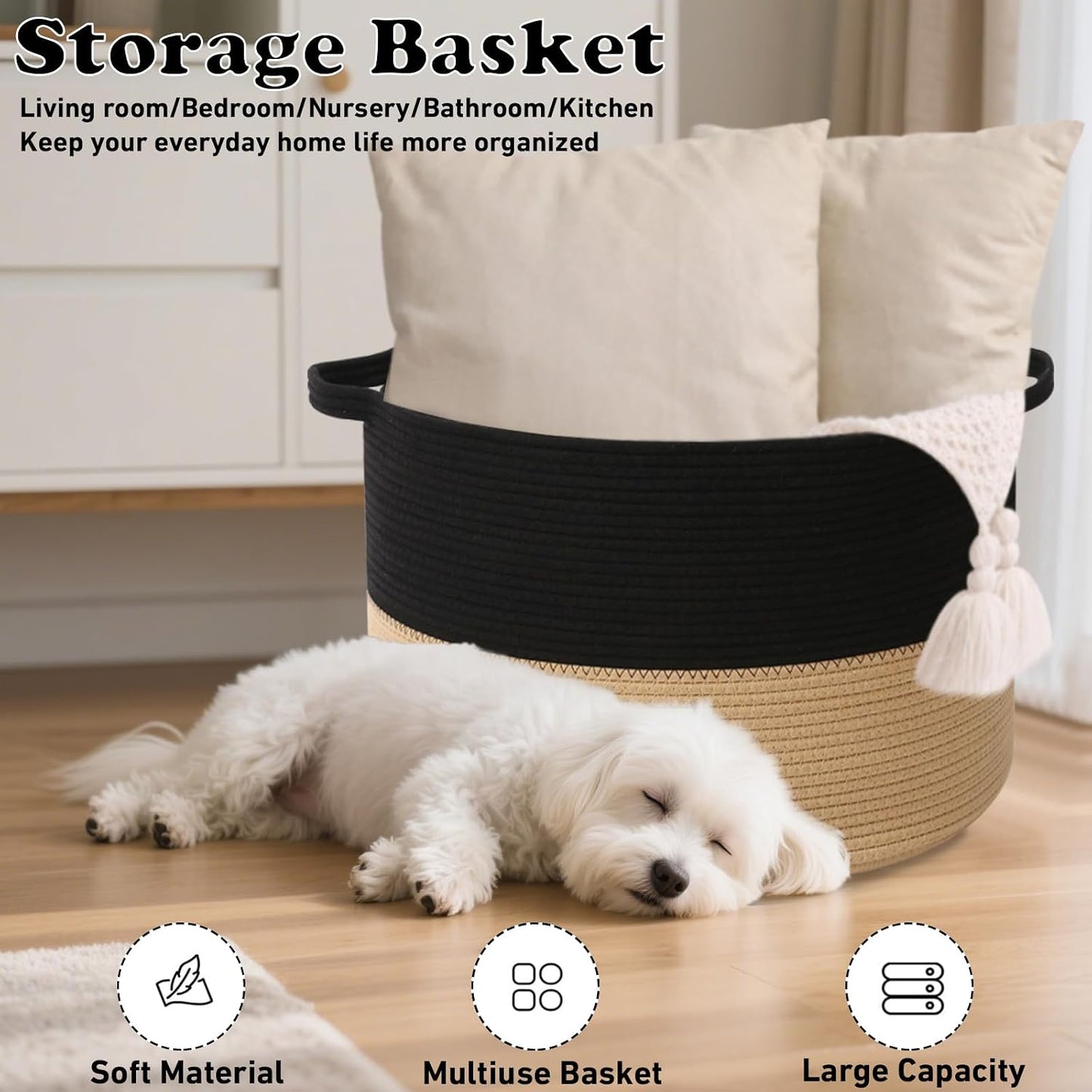 Woven Rope Laundry Basket Hamper / Black&camel / 19.7"L x 19.7"W x 13"H