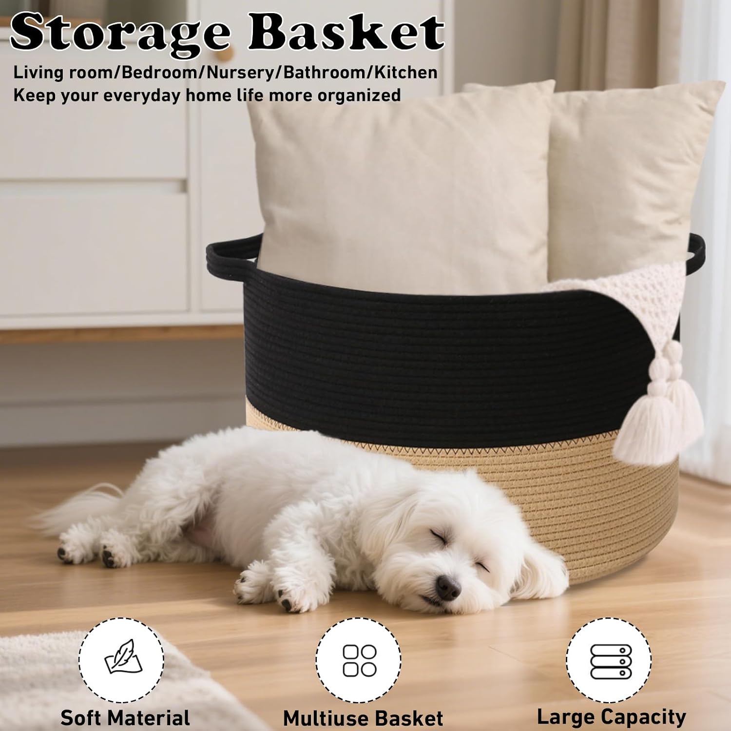 Woven Rope Laundry Basket Hamper / Black&camel / 19.7"L x 19.7"W x 13"H