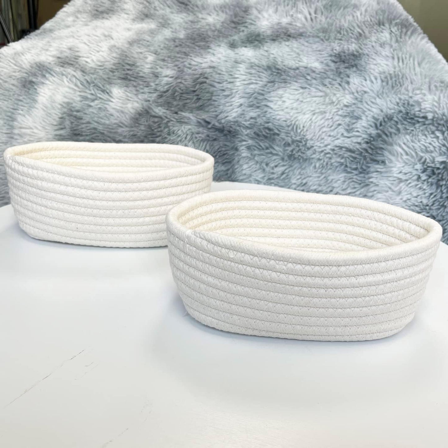 Natural Cotton Rope Woven Baskets for Organizing / White / Set of 2