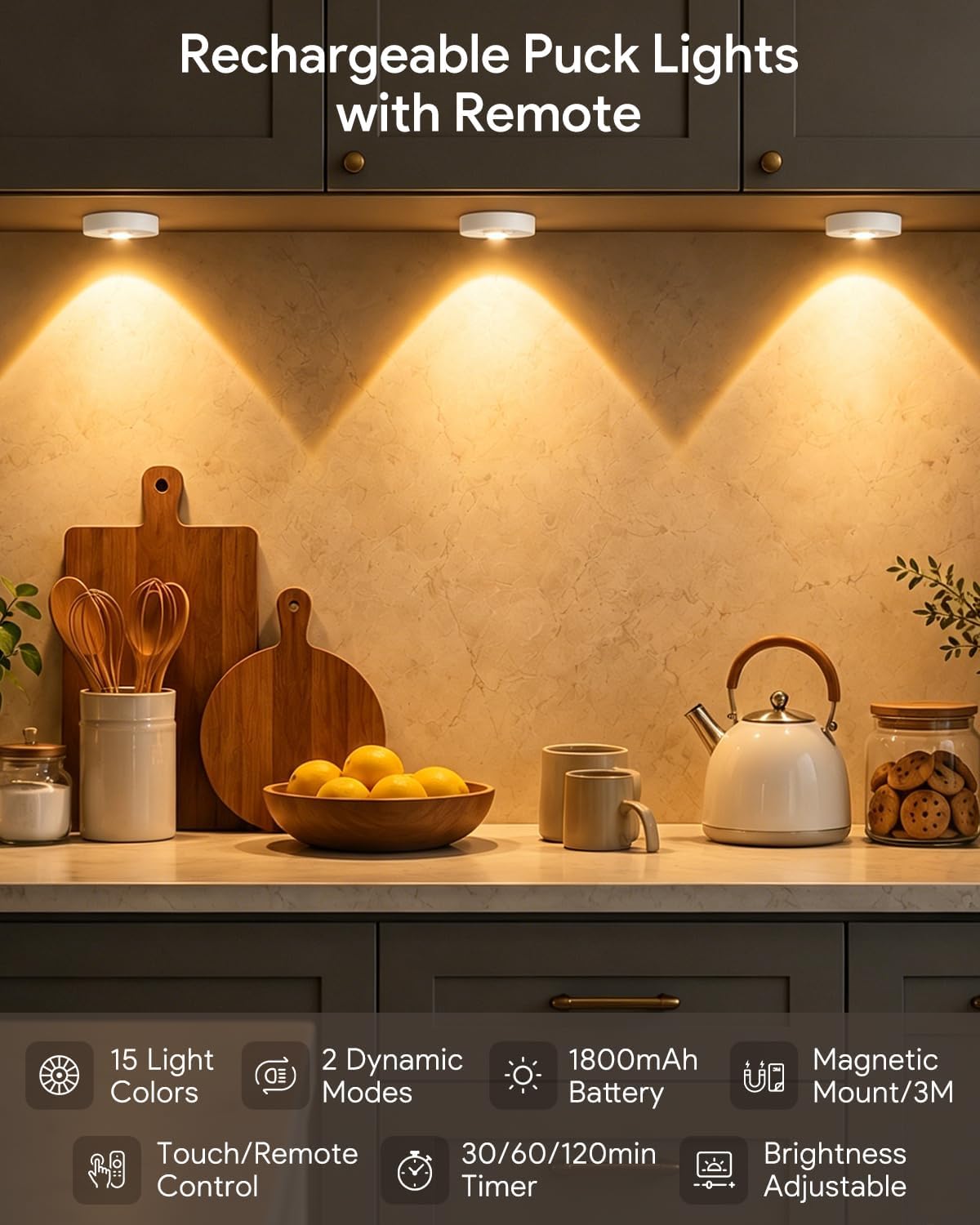 Yiliaw Under Cabinet Rechargeable Puck Lights with Remote Control,Multi-Use Under Cabinet Lighting for Kitchen