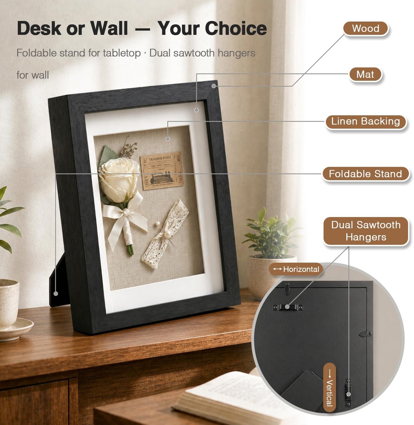 8x10 Shadow Box Picture Frame, 4-Pack Linen Back, with Mat, Black | Wooden Display Cases, 3 Ways to Display, Acid-Free