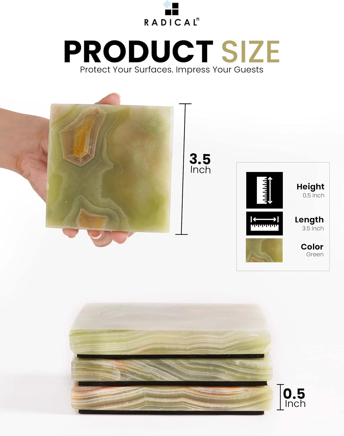 Marble Coasters Handmade 3.5" Square Coasters for Drinks / Green Onyx / Set of 6