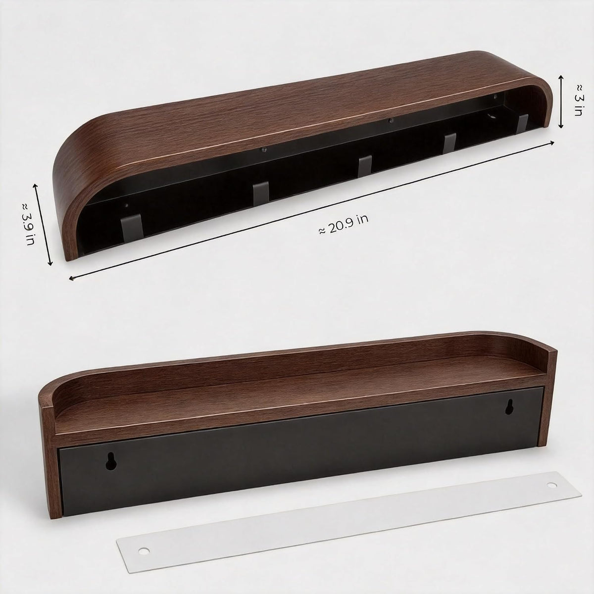 MTZ Solid Wood Wall Mounted Coat Rack with Shelf & 5 Hidden Hooks (Walnut) | Minimalist entryway wall hook rack for