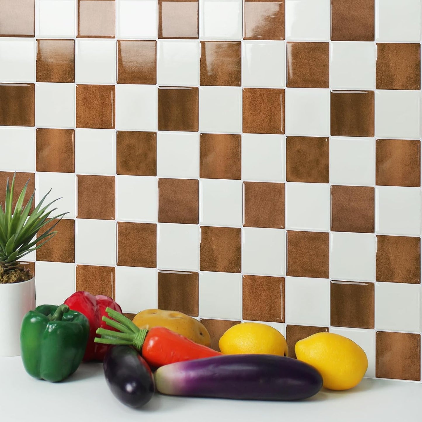 3D Adhesive Peel and Stick Tile Backsplash / White,orange / 9 x 9