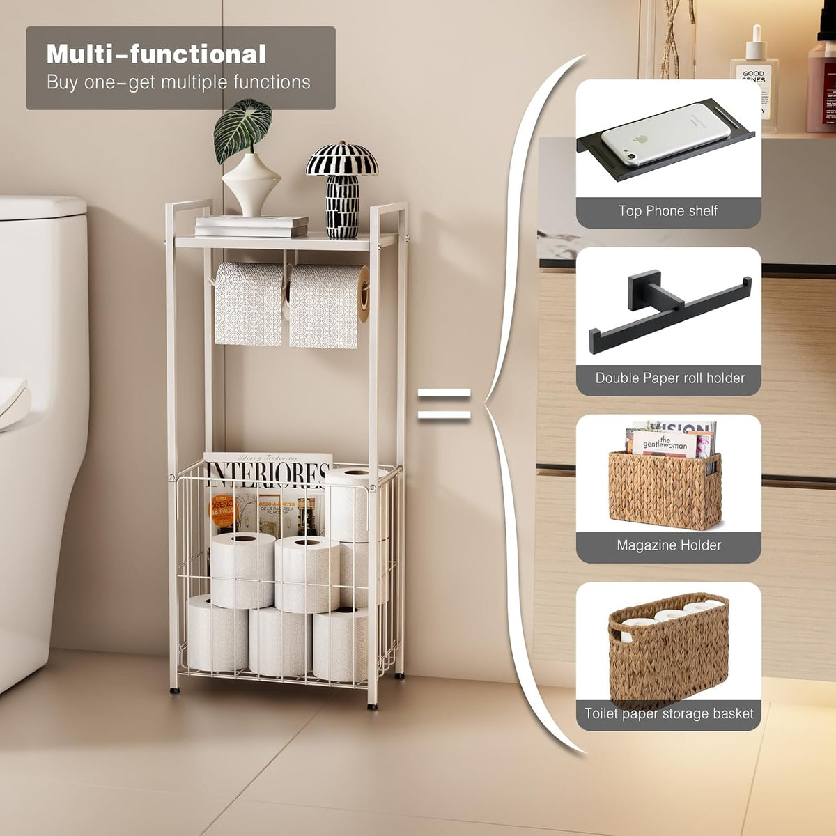 VOLDRA Toilet Paper Holder Stand with Storage Shelf, Free Standing Toilet Paper Roll Holder with Large Basket Heavy