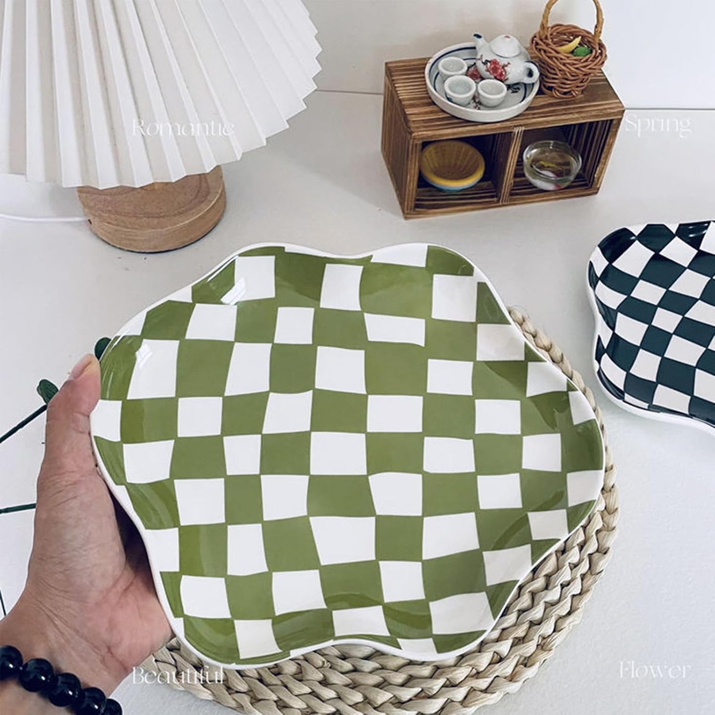 Ceramic checkered jewelry tray / Green