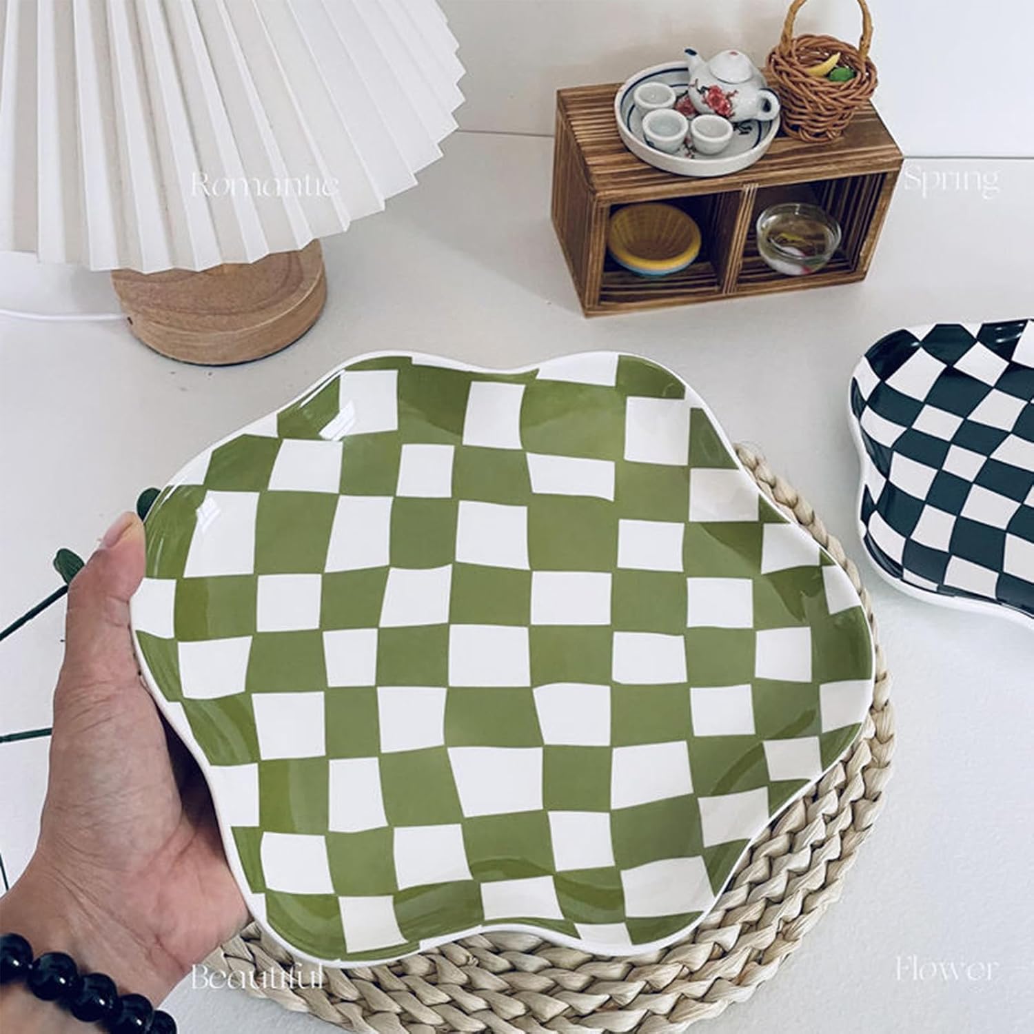 Ceramic checkered jewelry tray / Green
