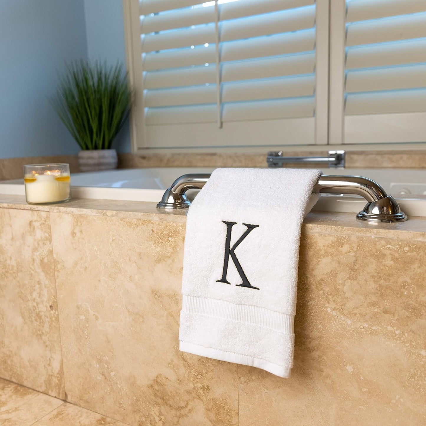 White with Dark Gray Monogrammed Hand Towels for Bathroom Set of 2 Letter K | Luxury Hotel Quality Initial Towels For