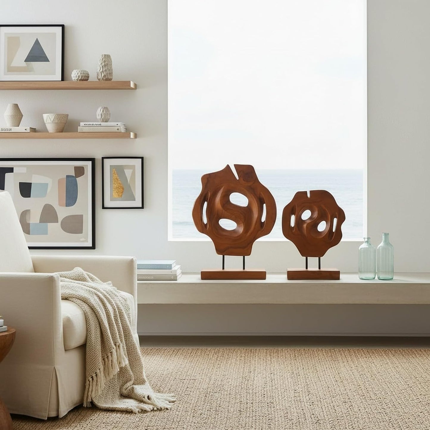 Geometric Teak Wood Sculptures on Metal Stand / Natural / Set of 2