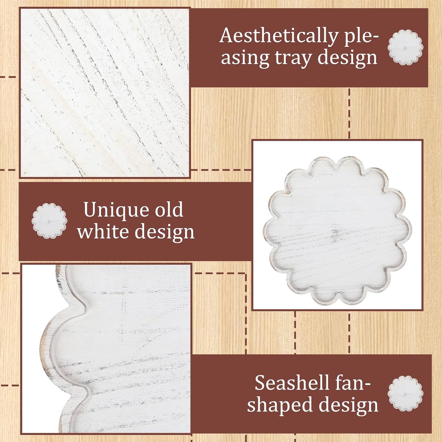 Decorative Serving Tray Wood Scalloped Serving Tray Round Wooden Display Plate / White / 12.6 Inch