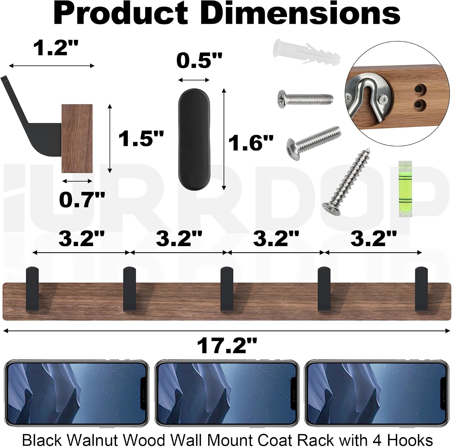 Adhesive Mounted Entryway Hooks / Coat Rack with 5 Hooks / Black / 17 Inch