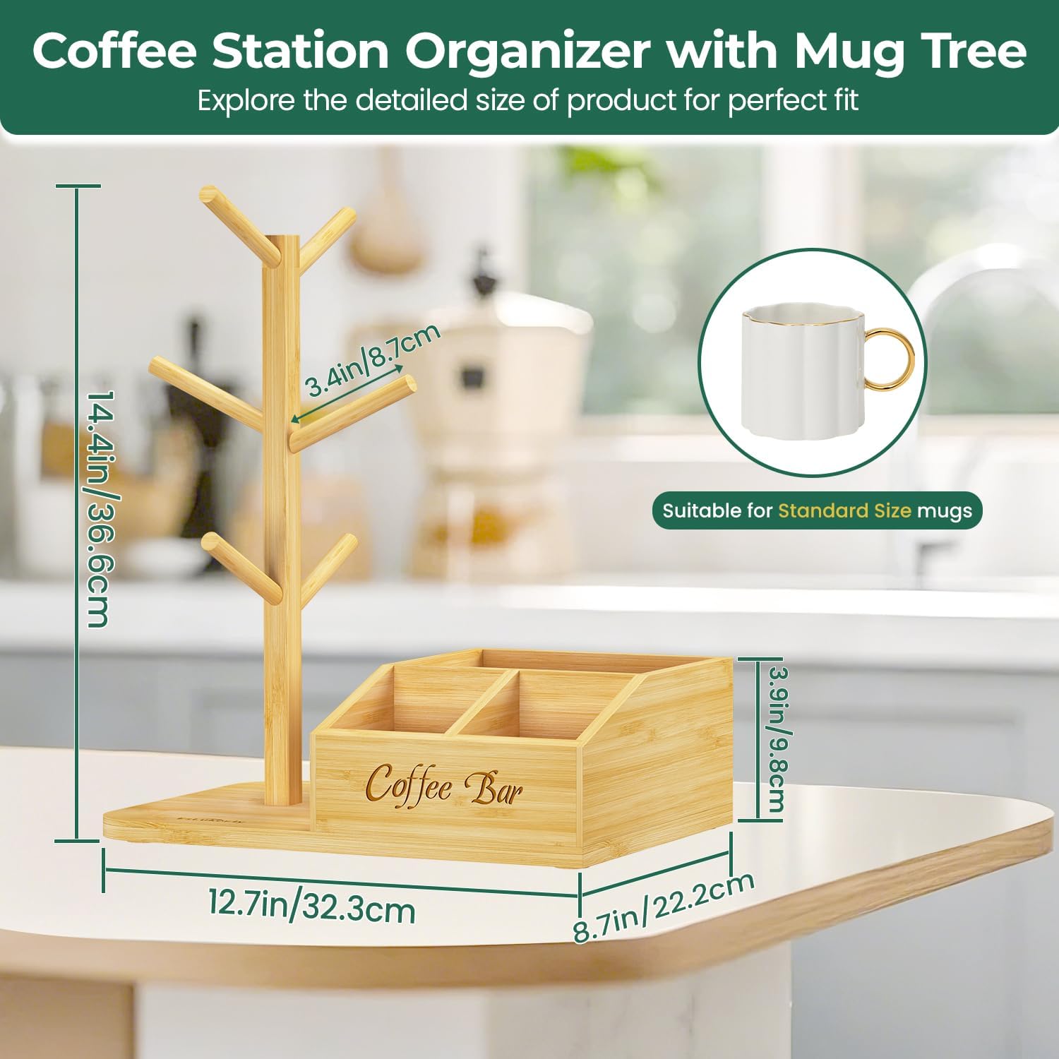 EsLuker.ly Mug Tree Holder Stand, Countertop Bamboo Coffee Cup Organizer | Rack for Kitchen Office, Space-Saving Coffee