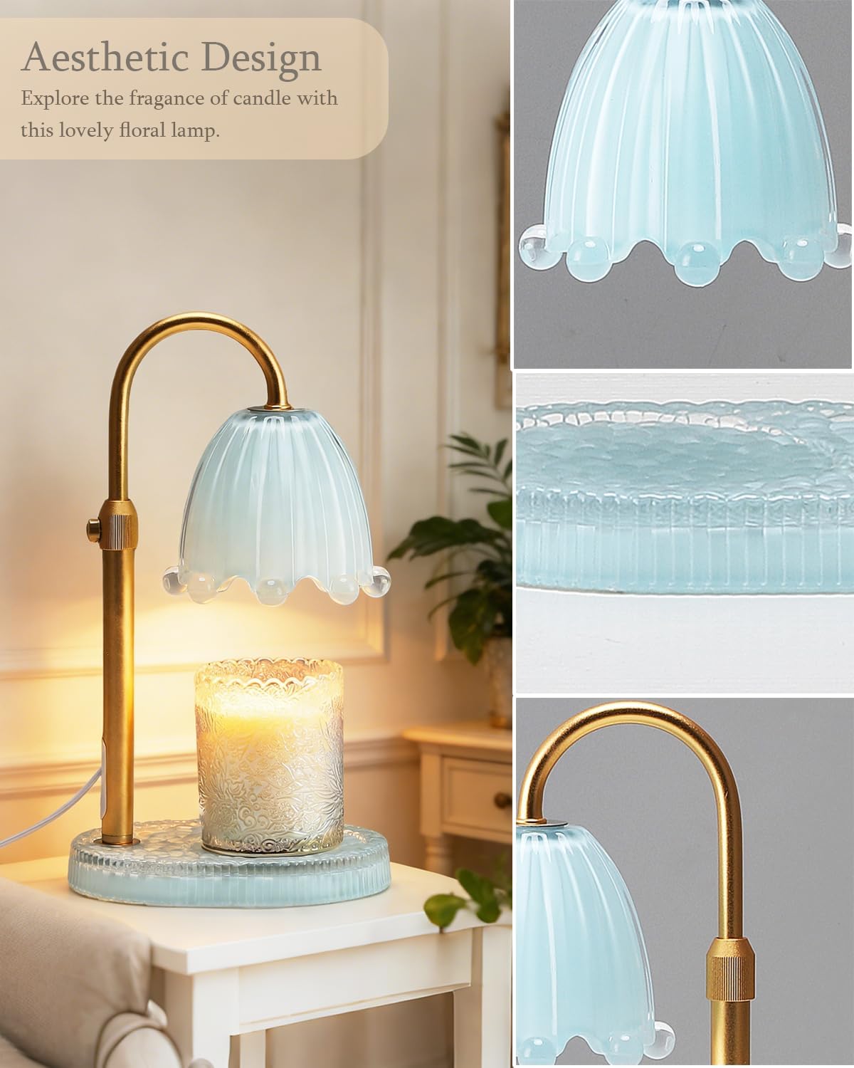 Flower Candle Warmer Lamp Glass Base with Timer & Dimmer, Mothers Day Birthday Gifts for Mom Women, Adjustable Floral