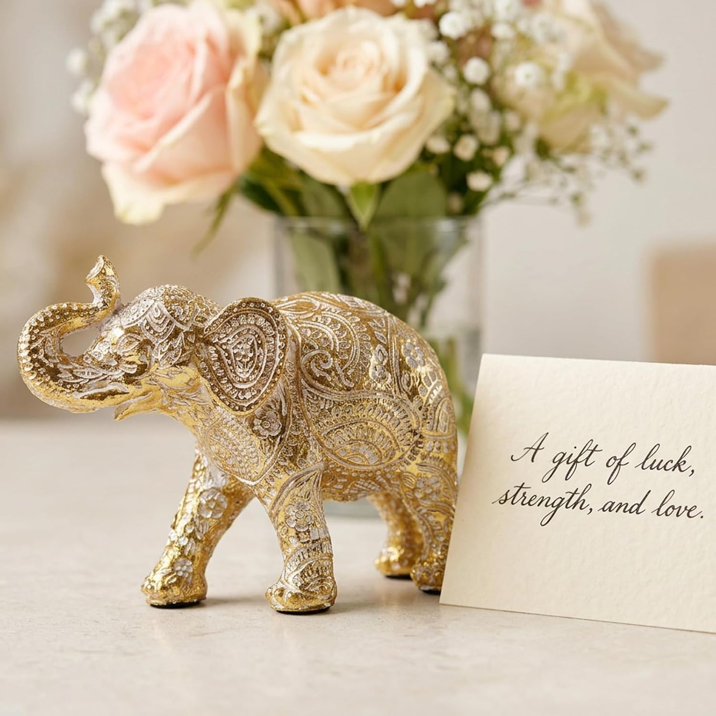 Elephant Statue Boho Home Decor Paisley Filigree Accent / Filigree Gold
