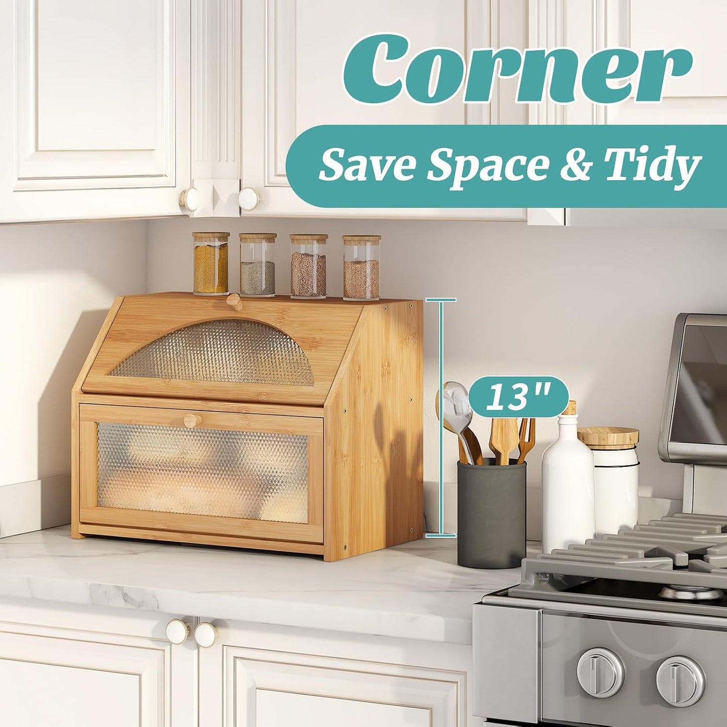 Bread Box, Bamboo Wood Bread Box for Kitchen Counter, Double-layer Bread Storage Bin, Acrylic glass with Diamond