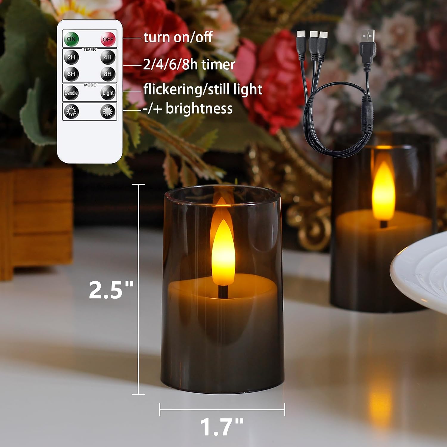 Rechargeable Acrylic Flameless Votive Candles with Timer & Remote Control, 1.7" x2.5" Flickering LED Warm Glow Tealight