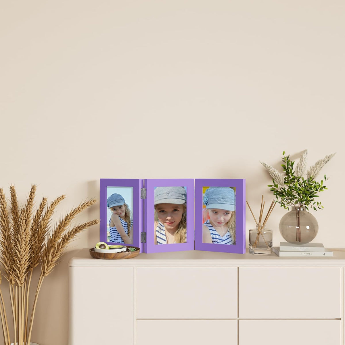 decorUhome Purple Triple 5x7 Picture Frame Vertical, MDPP08 | "Z" Shape Folding Design Engineered Wood Trifold Photo