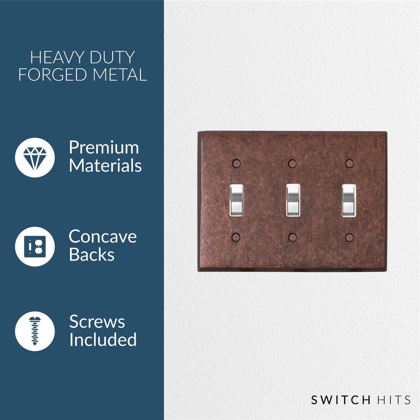 Mottled Antique Copper Outlet Wall Plate | 3 Toggle | 6.25" x 4.5" | Hand-Polished Brass Construction | Electrical