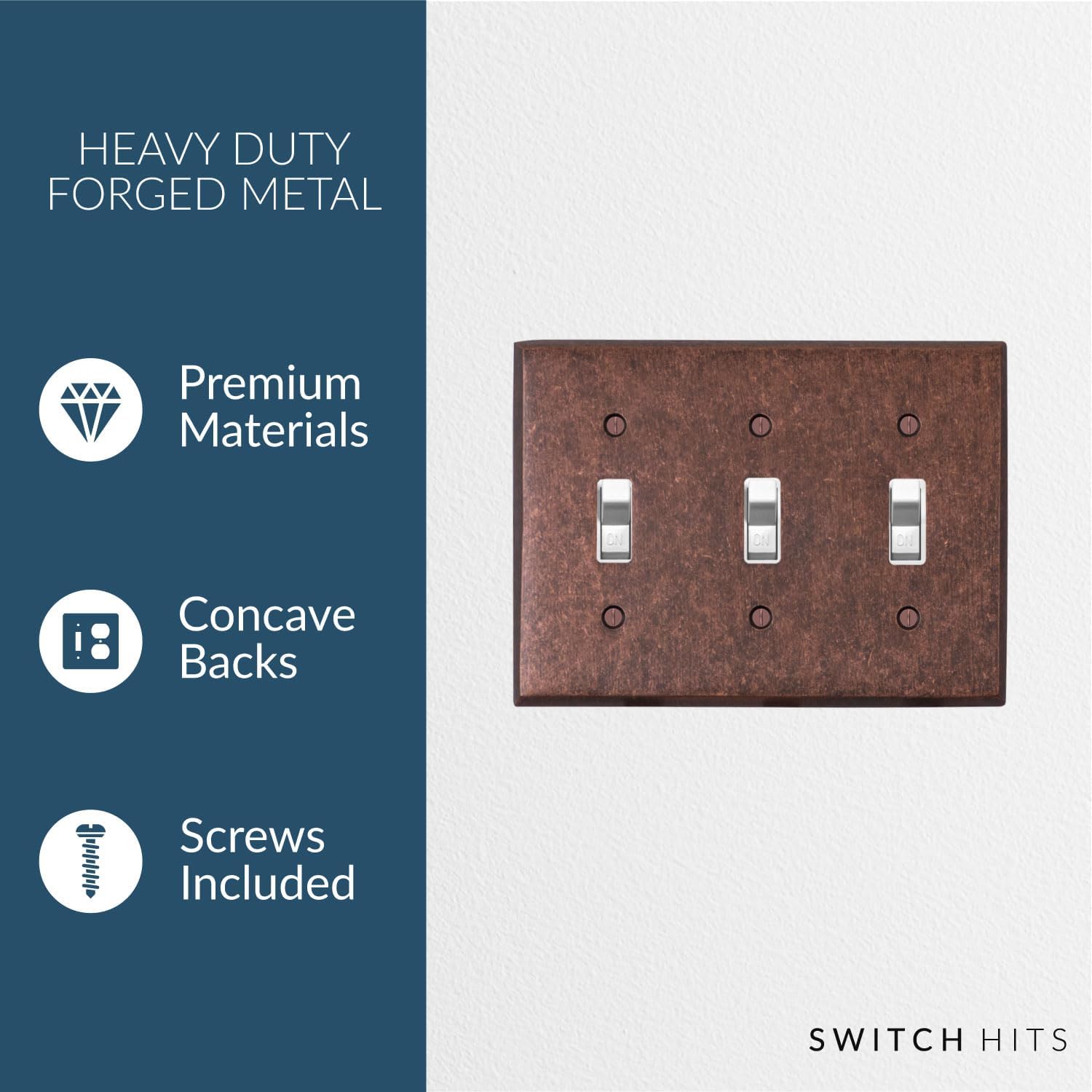 Mottled Antique Copper Outlet Wall Plate | 3 Toggle | 6.25" x 4.5" | Hand-Polished Brass Construction | Electrical