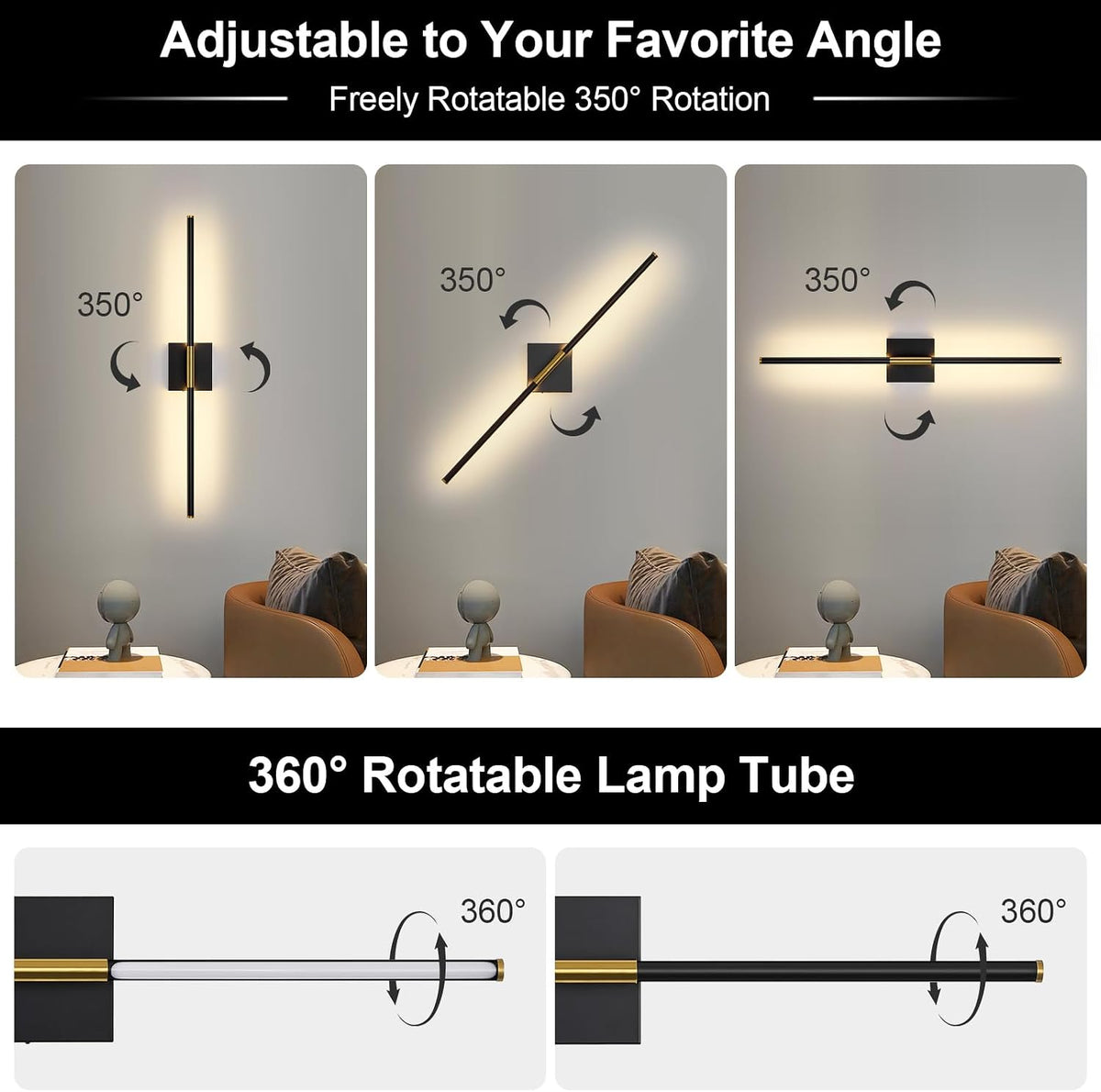 Wall Sconces Set of Two with Remote Control 29.1 in Dimmable Black Gold Battery Operated Wall Lights 350° Ratation