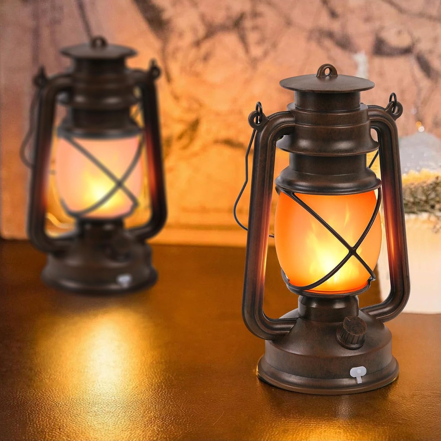 2 Pack Vintage Lantern Flickering Flame Rechargeable LED Retro Camping Lights 4 Modes Remote Control Battery Powered