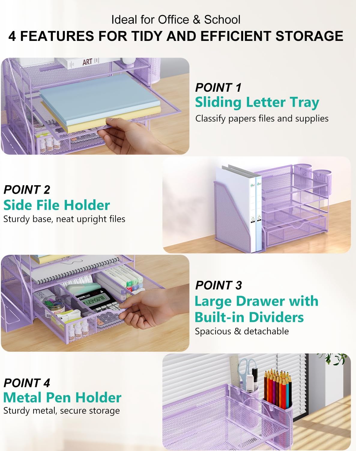WALI Desk File Organizer, 4 Tier Desktop Paper Letter Tray Organizer with Drawer and 2 Pen Holders, Office Desk