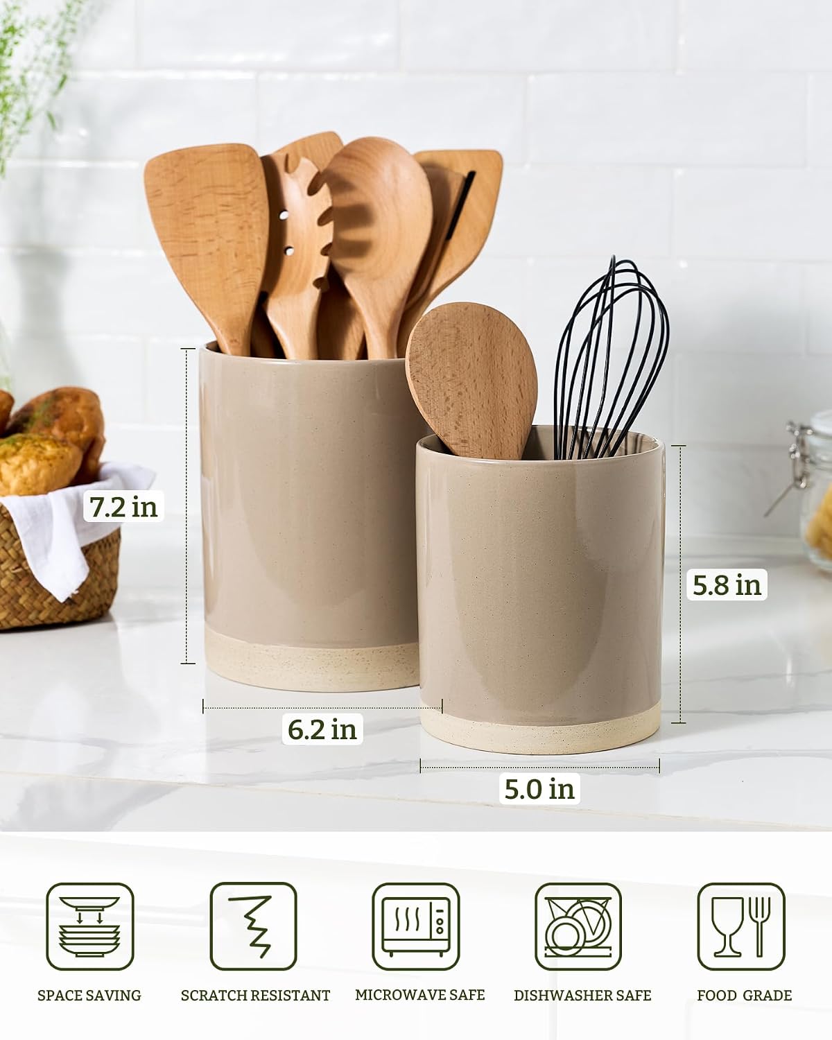 famiware Ceramic Utensil Holder, 7.2"+5.8", Set of 2, Cinnamon Brown | Cooking Utensil Crocks, Organizer for Spatula &
