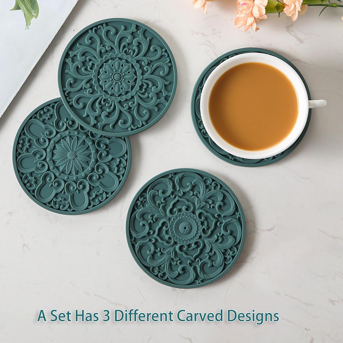 Holder / Non-Slip Cup Mats for Hot and Cold Drinks / Malachite Green / Set of 6