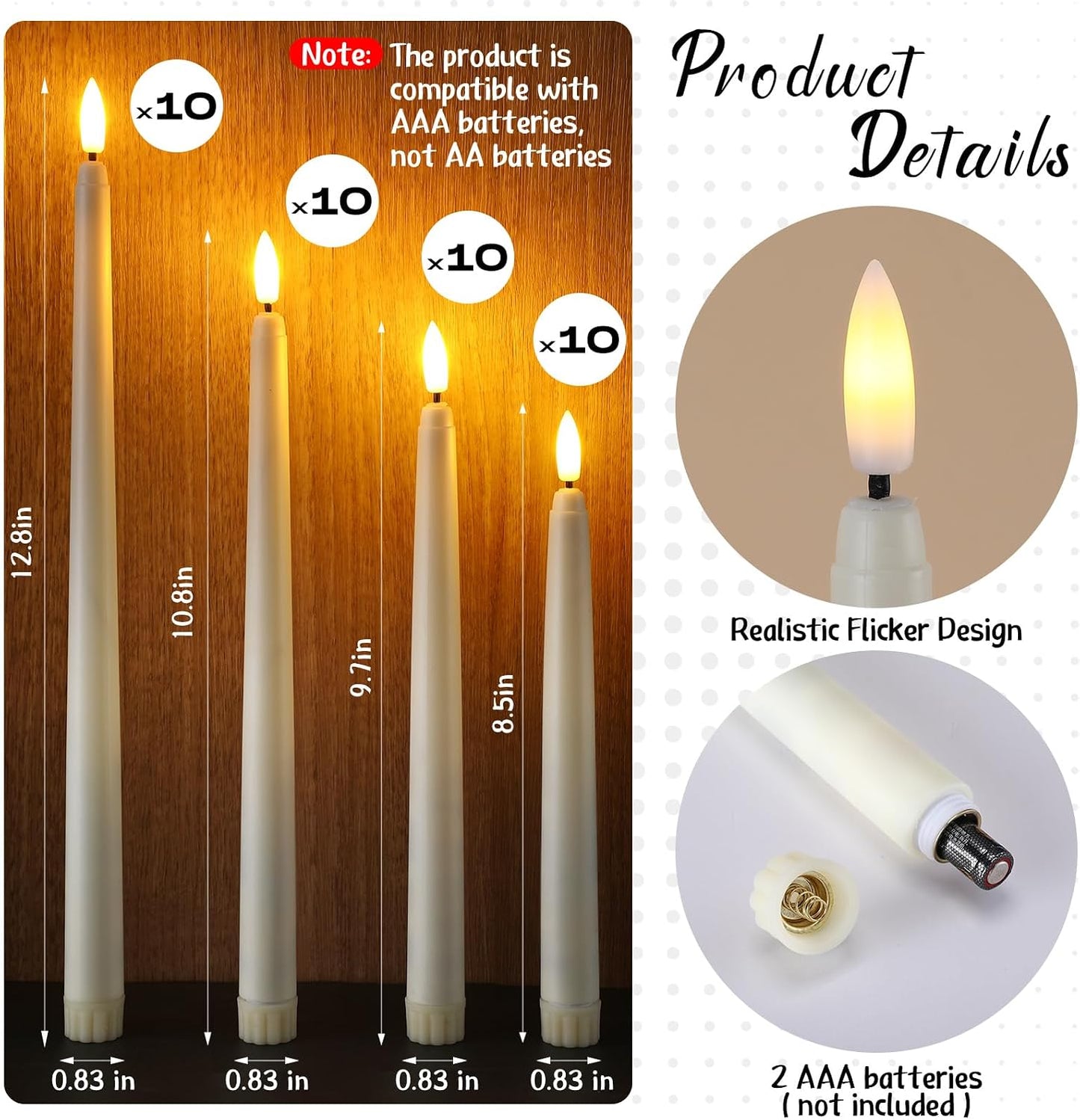 40 Pcs Flameless Taper Candles LED Flickering Taper Candlesticks Bulk Battery Operated Flameless Candle for Wedding