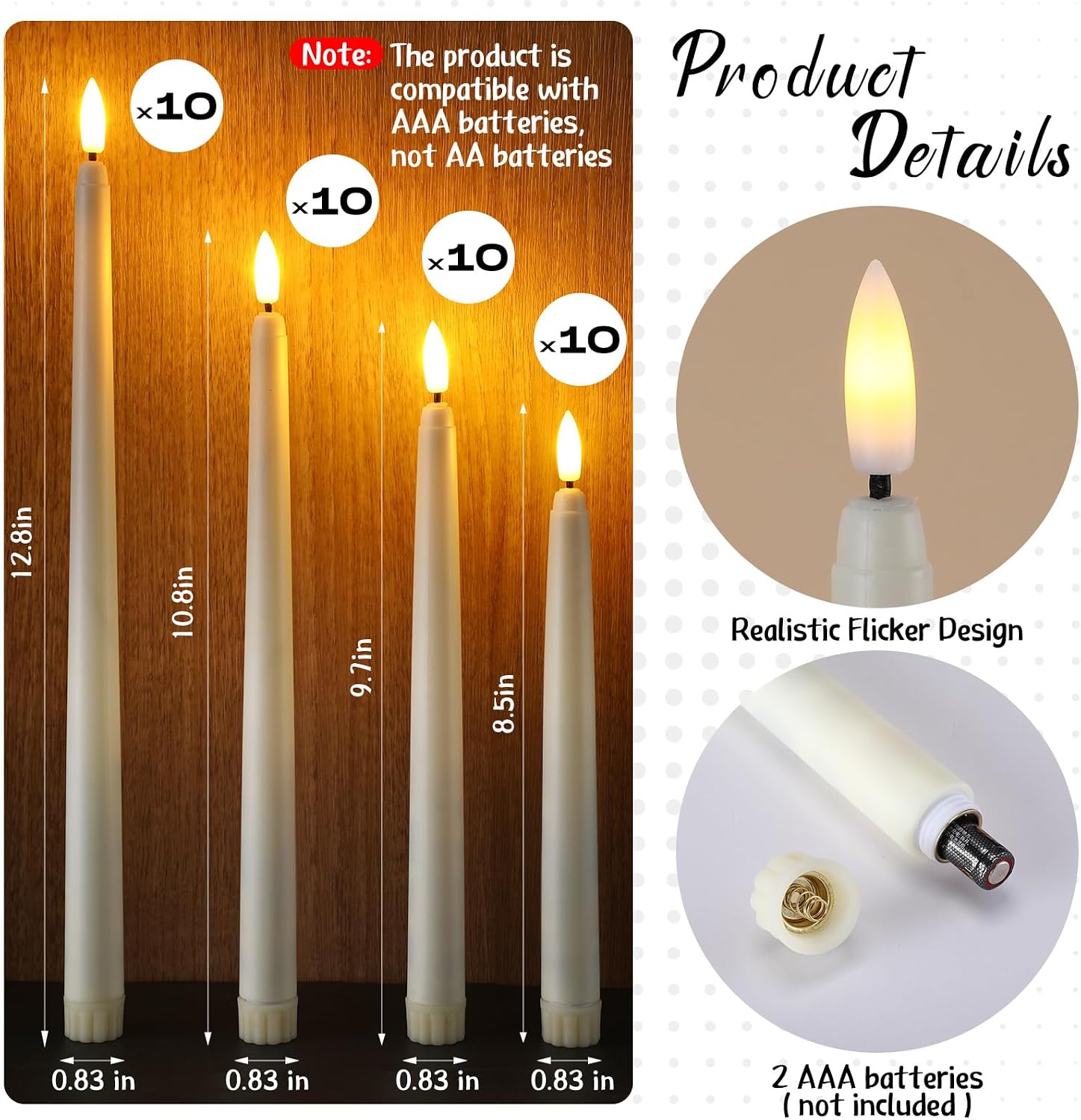 40 Pcs Flameless Taper Candles LED Flickering Taper Candlesticks Bulk Battery Operated Flameless Candle for Wedding