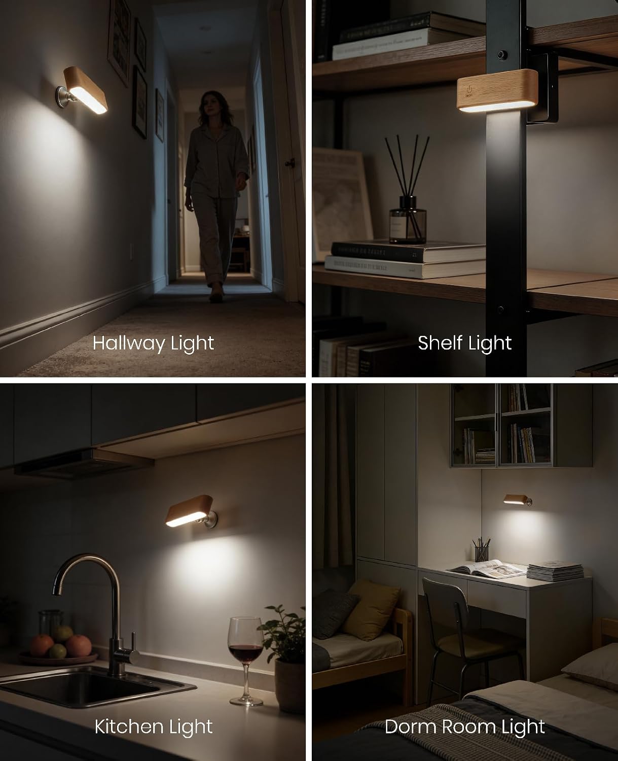 Wood Wall Sconce, Rechargeable Reading Light, Magnetic Bedside Lamp | Touch Control Reading Light for Headboard, 360°