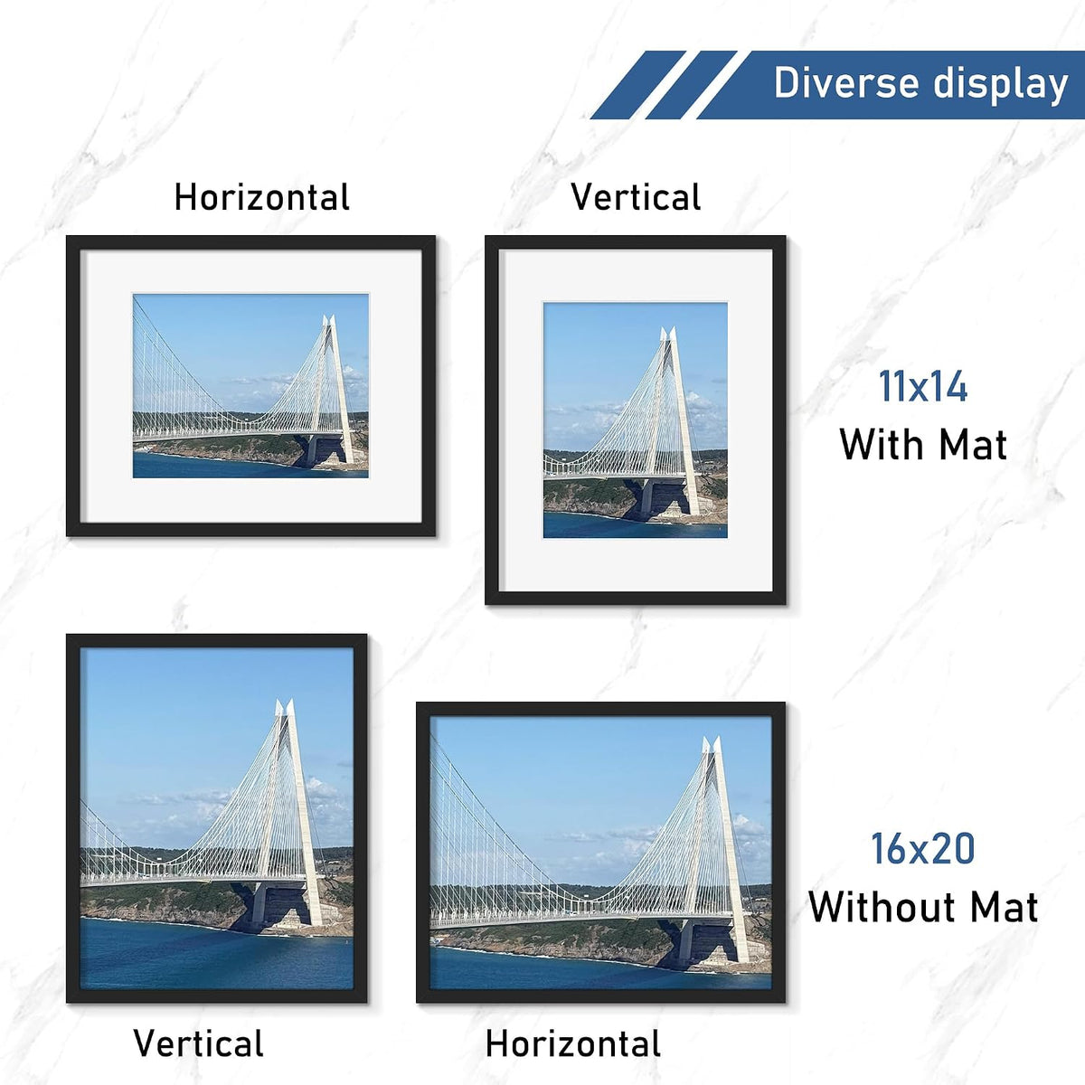 Wiscet 16x20 Picture Frame Set of 4, for Wall Mounting, Black | Display Picture 11x14 with Mat or 16x20 Poster Frame