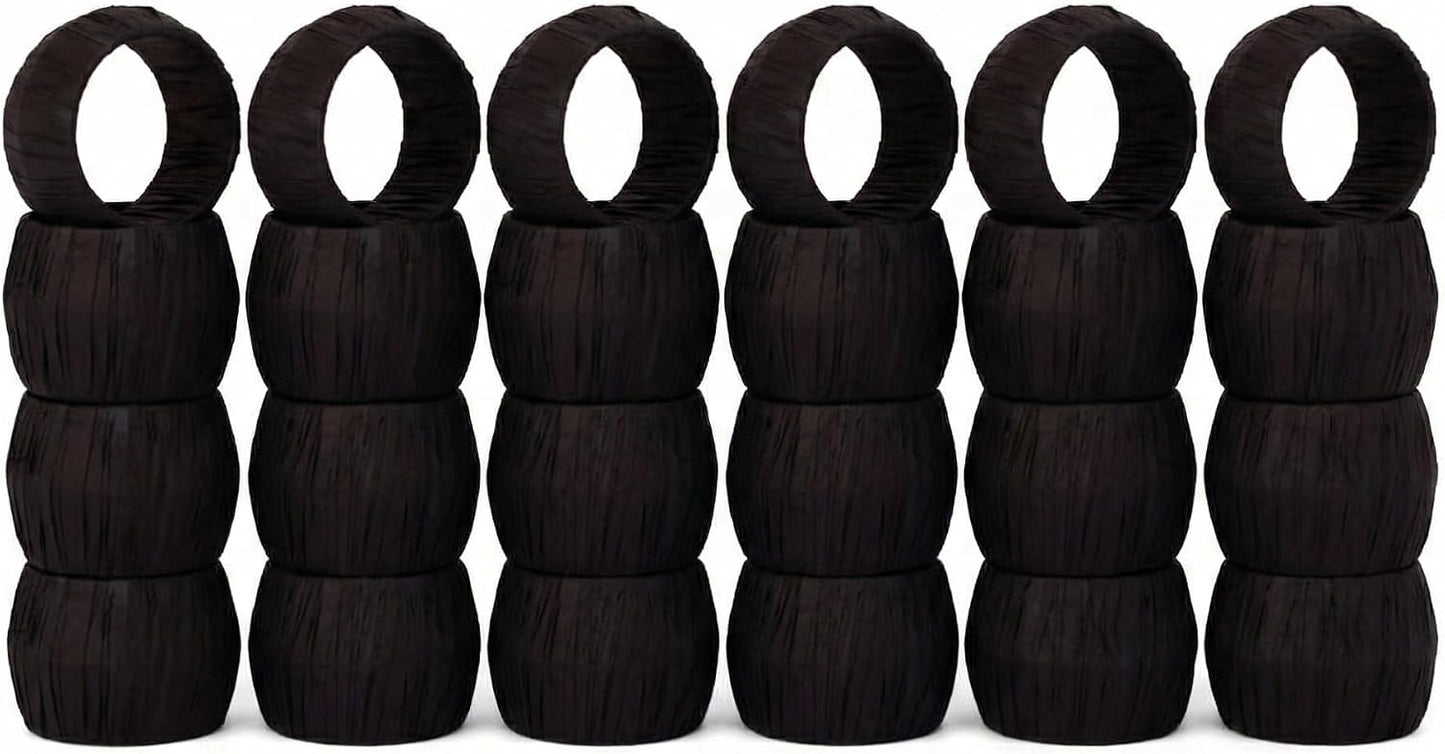 GURU JEE™ Handmade Raffia Rattan Napkin Rings Black Set of 24 Everyday Use Dining Party Tabletop Décor Gifts Napkin