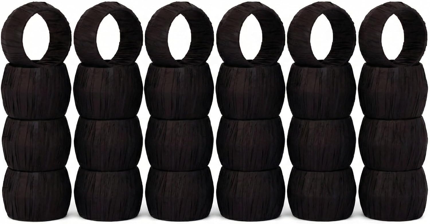 GURU JEE™ Handmade Raffia Rattan Napkin Rings Black Set of 24 Everyday Use Dining Party Tabletop Décor Gifts Napkin