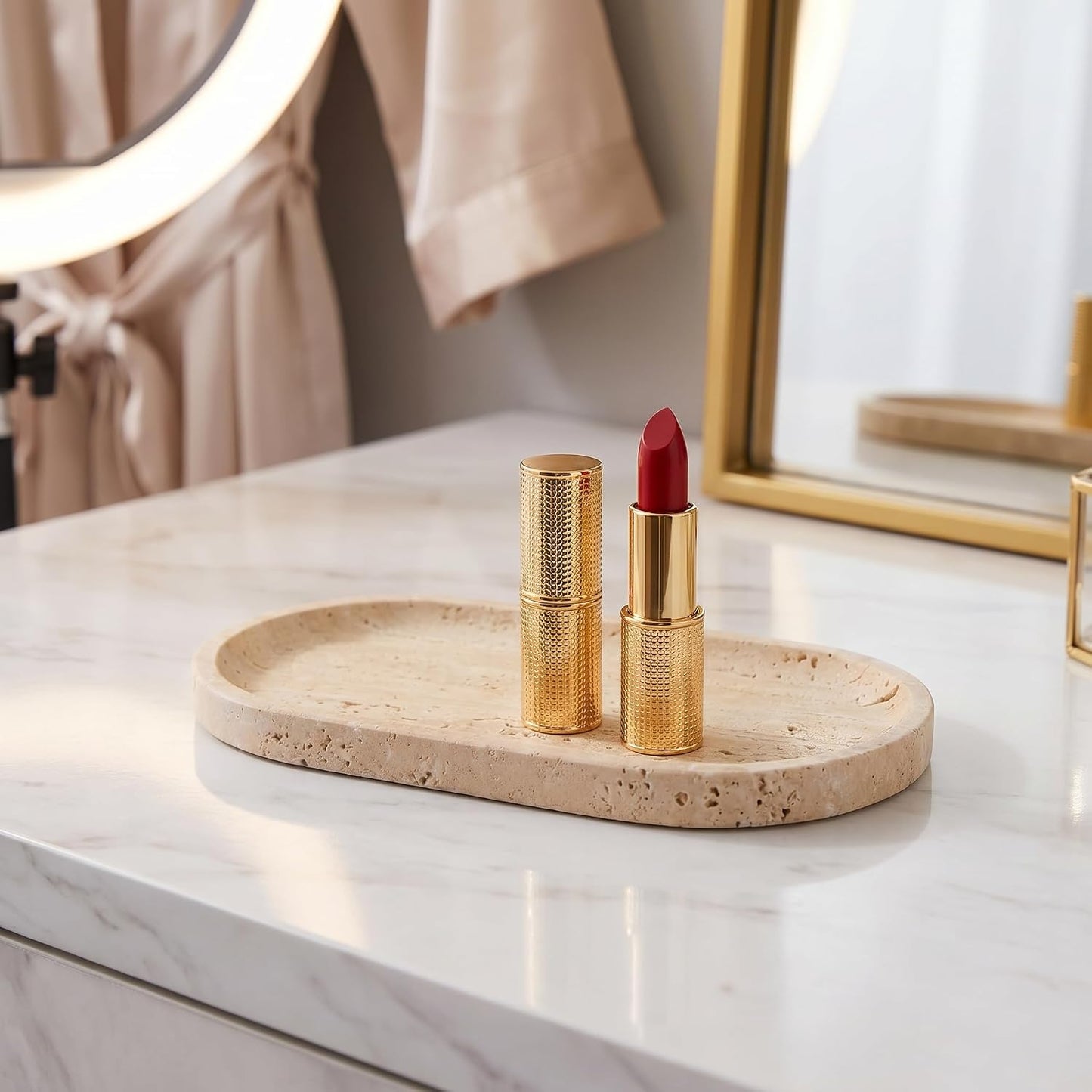 Oval Real Marble Tray / Yellow Travertine / 9.8 x 4.7