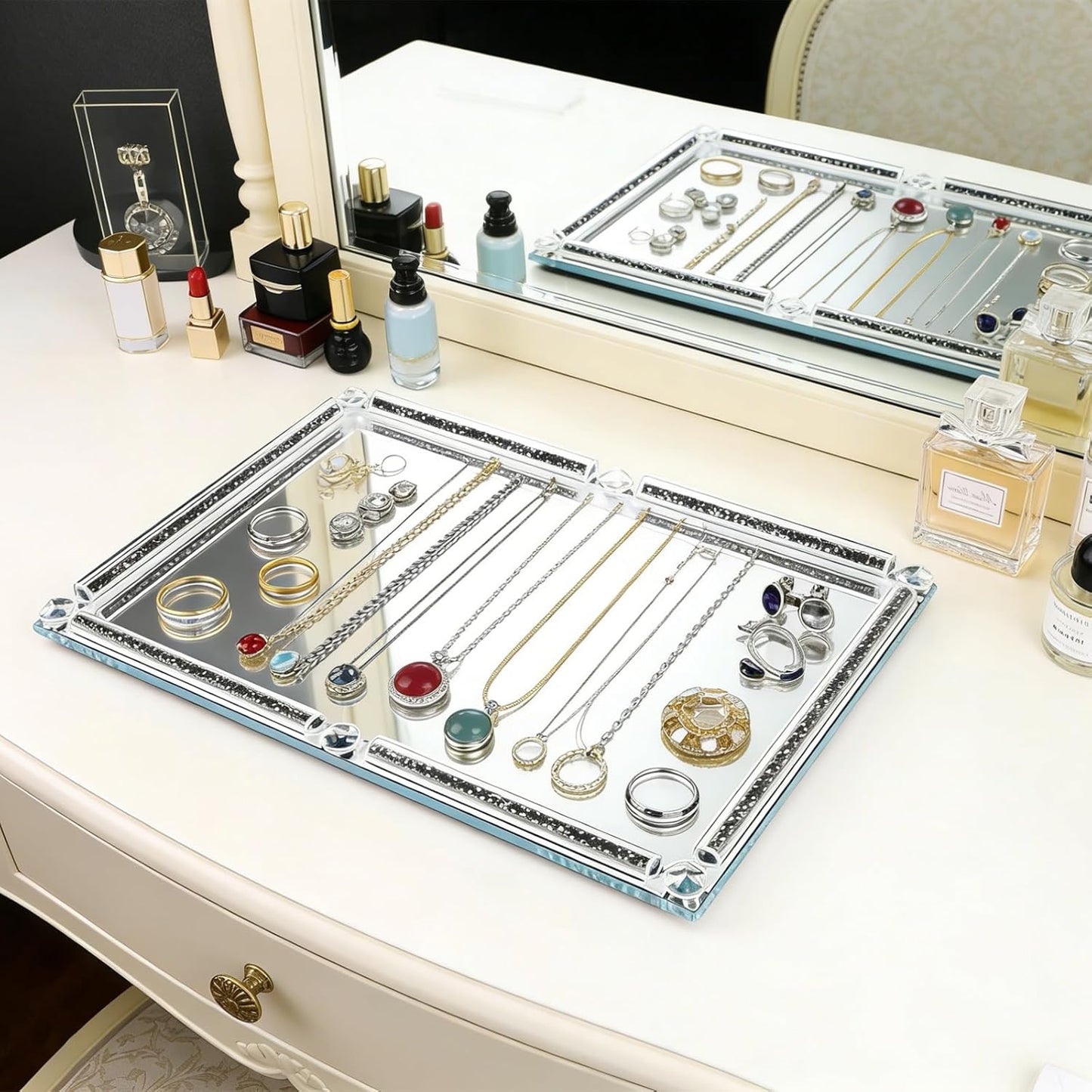 Crushed Diamond Filled Glass Vanity Tray / Black / 15.7 x 11.8 x 1.4