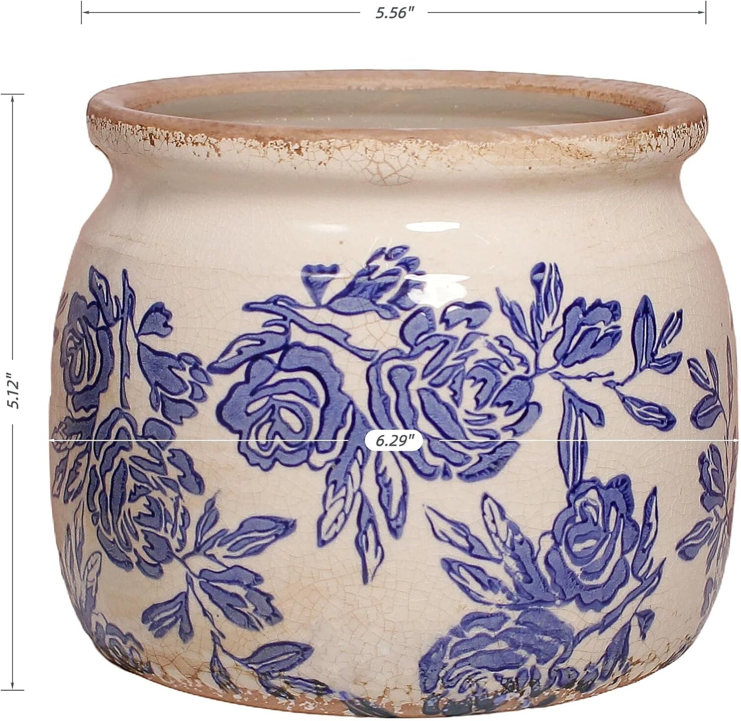 Rustic Farmhouse Planter / Blue & White Chinoiserie Floral / 6.29 Inch