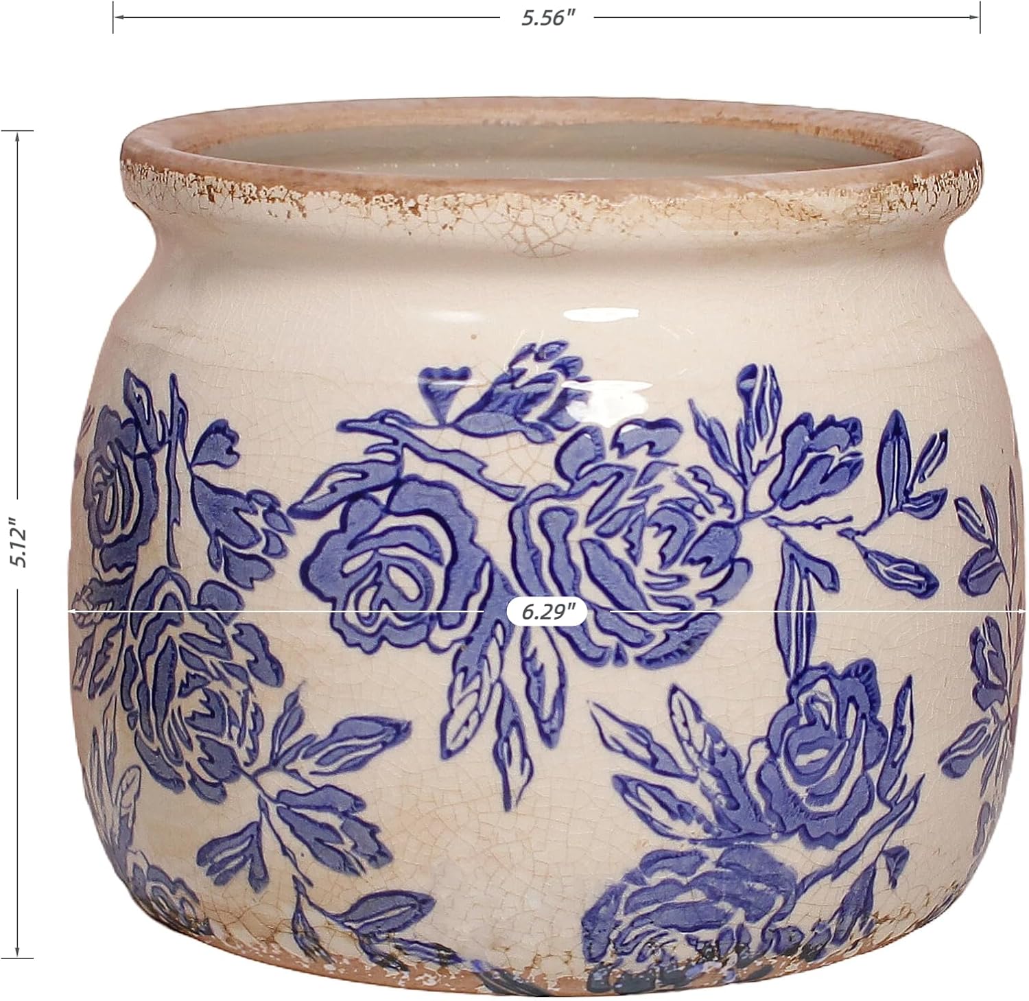 Rustic Farmhouse Planter / Blue & White Chinoiserie Floral / 6.29 Inch