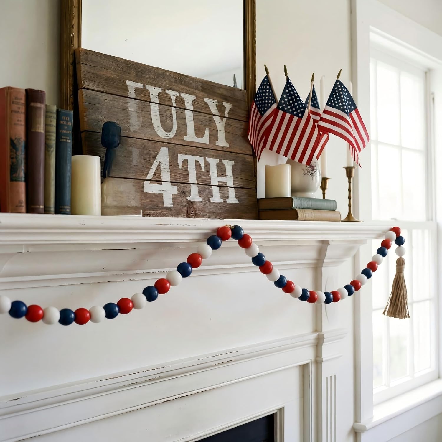 Wooden Bead Garland / Red, White, Blue