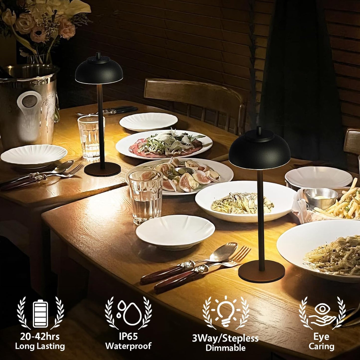 Cordless Table Lamps, Rechargeable LED Touch Lamp, Black, 2 Pack | Waterproof, 5000mAh battery, 3 color temperatures