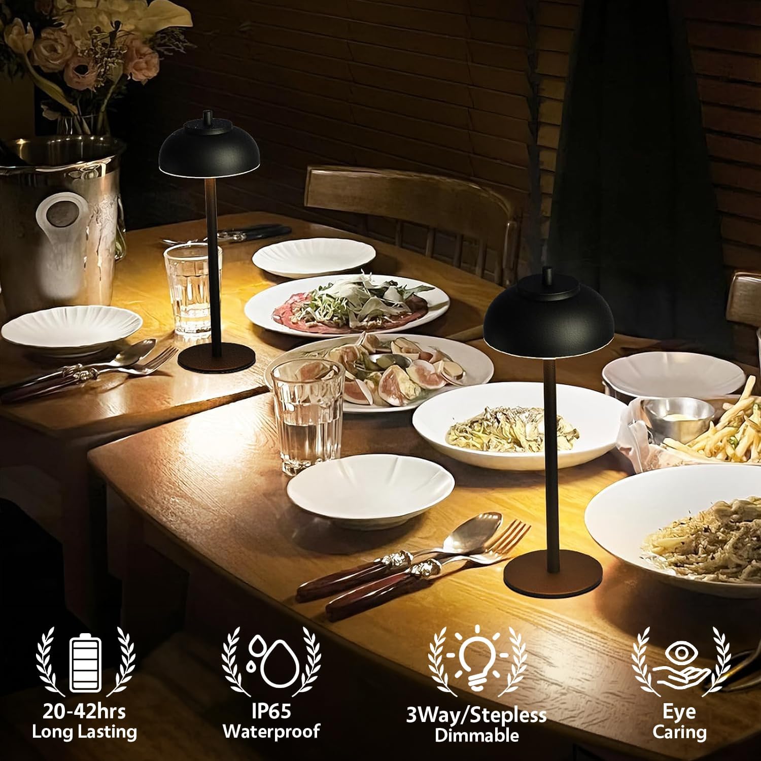 Cordless Table Lamps, Rechargeable LED Touch Lamp, Black, 2 Pack | Waterproof, 5000mAh battery, 3 color temperatures