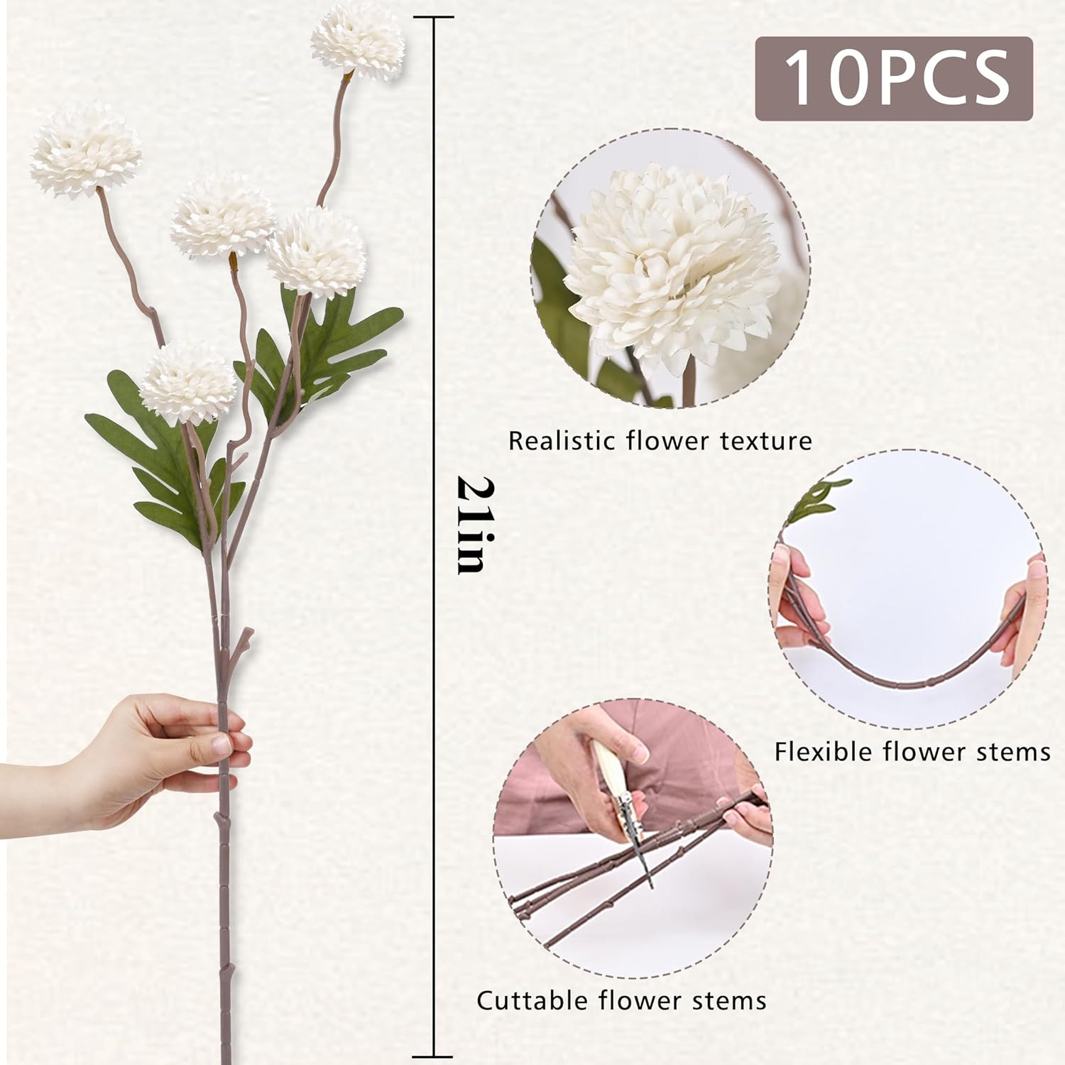 Fake Silk Pompon Mum Artificial Flowers / White / Set of 10